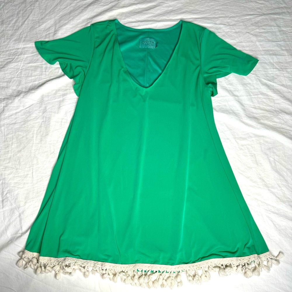 Judith March Kelly Green V Neck Short Sleeve Shift Dress Tassel Trim Size L